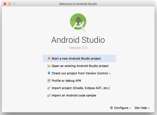 Màn hình Welcome của Android Studio