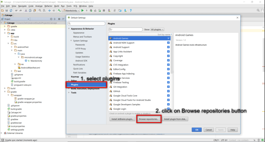 Một cửa sổ mới được mở ra tên là Default Settings -> tab Plugins ->Click nút Browse repositories